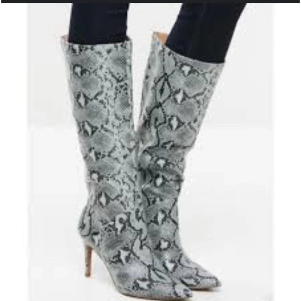 STEVE MADDEN Kinga Snake Print Vegan Leather Knee-High Boots in Gray size 5.5M